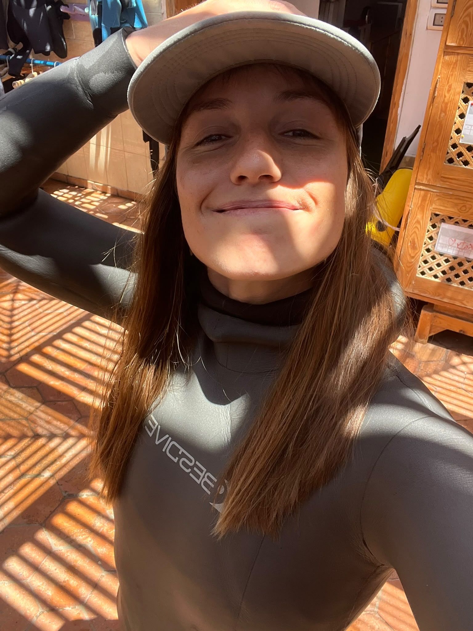 Irina Barbera in a wetsuit and cap at the centre in Dahab